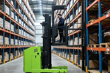 Man-up Tri-lateral Stacker Order Picker | VNA Truck For Narrow Aisle Racking